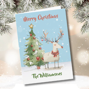 Funky Quirky Stylish Watercolor Reindeer Tree Card