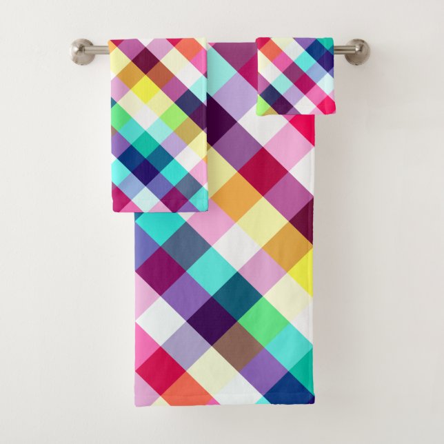 Funky Rainbow Plaid Pattern Bath Towel Set (Insitu)