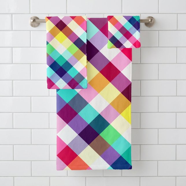 Funky Rainbow Plaid Pattern Bath Towel Set (Colorful Rainbow Plaid Bath Towel Set)