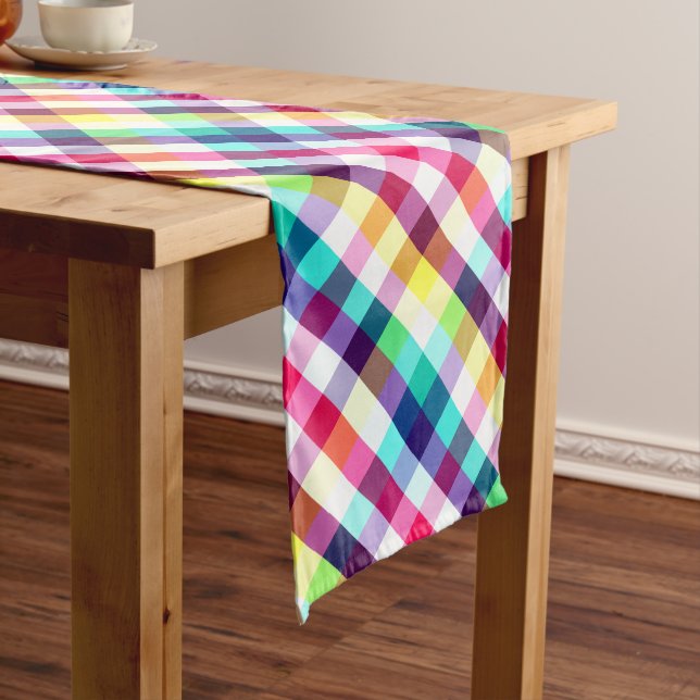 Funky Rainbow Plaid Pattern Large Table Runner (In Situ)