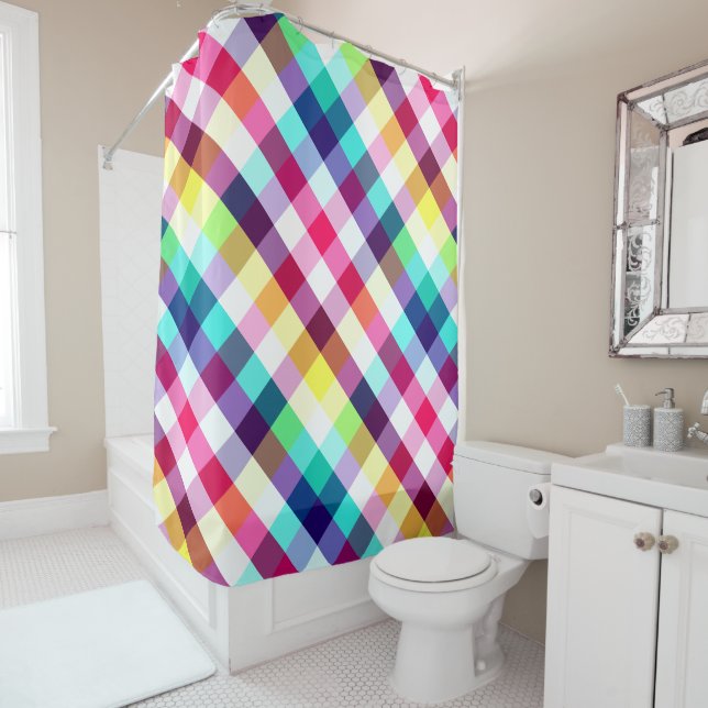 Funky Rainbow Plaid Pattern Shower Curtain (In Situ)
