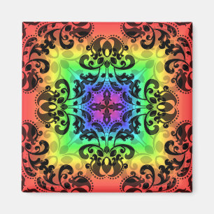 Funky rainbow square damask magnet