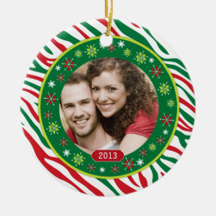 Funky Red Green Zebra Print Family Photo Christmas Ceramic Tree Decoration