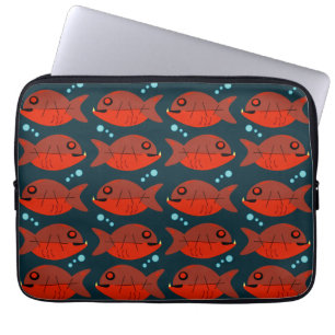 Funky Red Retro Piranha Fish Art Pattern Laptop Sleeve