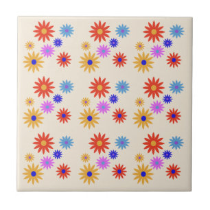 Funky Retro 70s Abstract Daisy Flowers Print Beige Tile