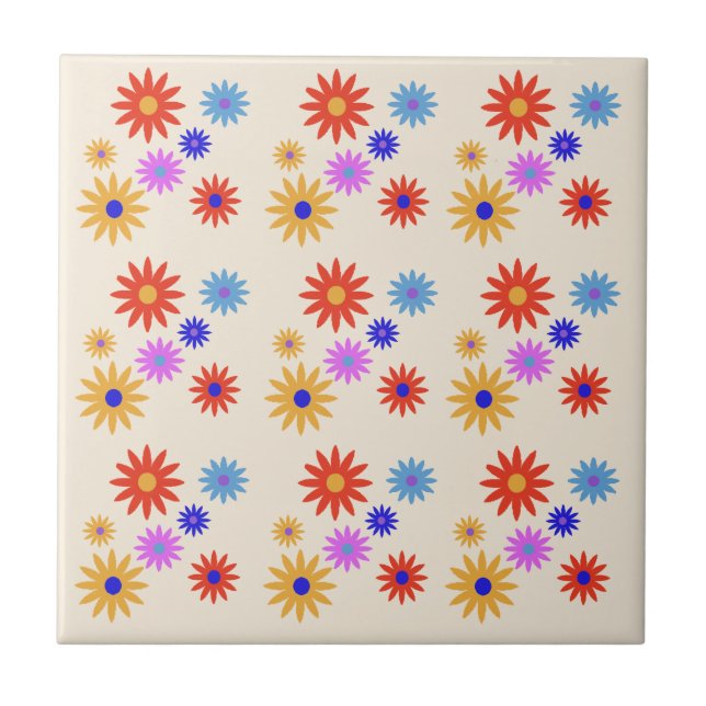 Funky Retro 70s Abstract Daisy Flowers Print Beige Tile (Front)