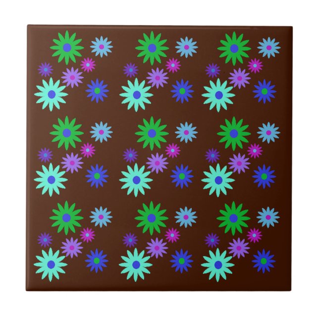 Funky Retro 70s Abstract Daisy Flowers Print Brown Tile (Front)