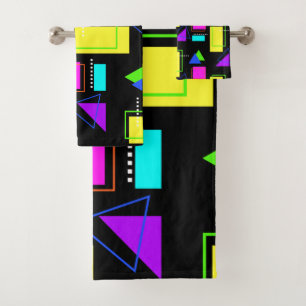 FUNKY RETRO 80S NEON FLUORO GEOMETRIC SHAPE PRINT BATH TOWEL SET