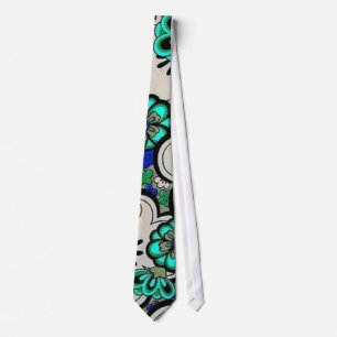 Funky Retro Abstract Flower Teal Blue Tie