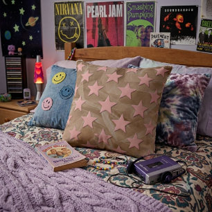 Funky Retro Abstract Pink Stars On Peach Chiffon Cushion