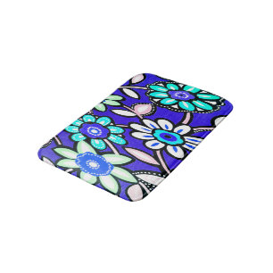 Funky Retro Blue Flowers Bath Mat