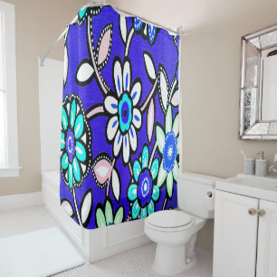 Funky Retro Blue Flowers Shower Curtain
