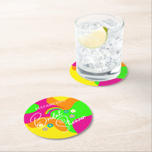 Funky Retro Bridal Shower Round Paper Coaster