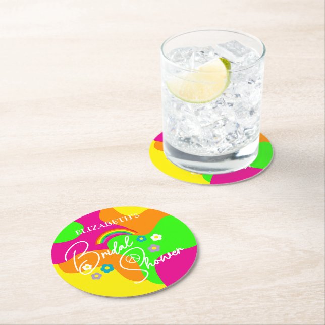 Funky Retro Bridal Shower Round Paper Coaster (Insitu)
