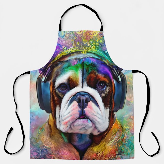 Funky Retro Bulldog Wearing Headphone  Apron (Front)