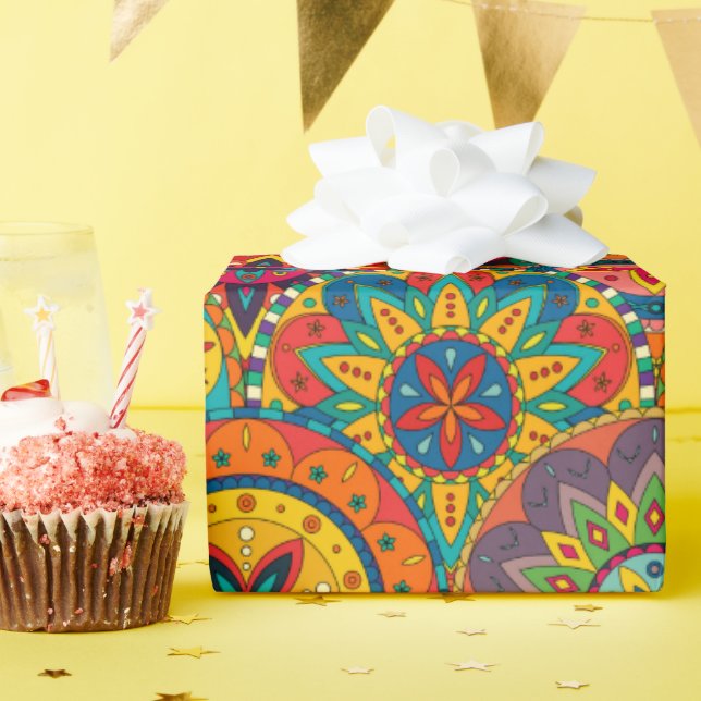 Funky Retro Colorful Mandala Pattern Wrapping Paper (Birthday Party)