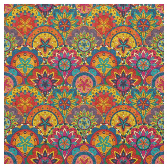 Funky Retro Colourful Mandala Pattern Fabric (Swatch)