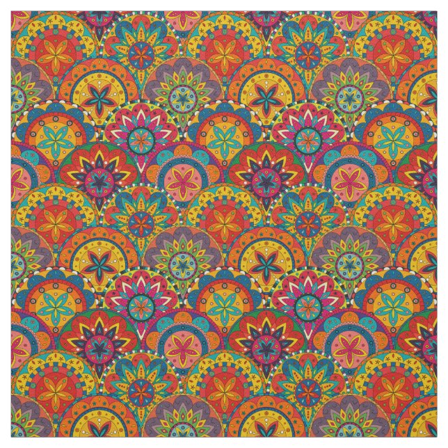 Funky Retro Colourful Mandala Pattern Fabric (Swatch)