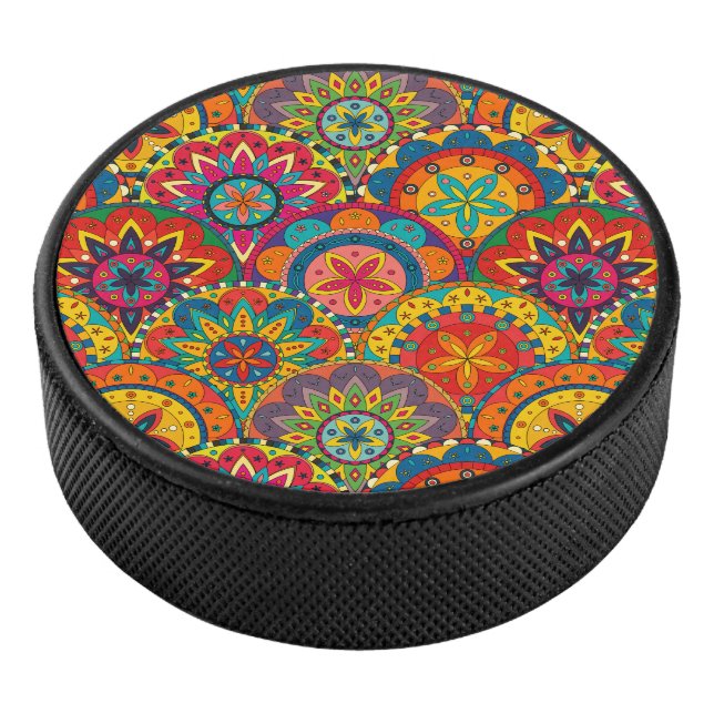Funky Retro Colourful Mandala Pattern Hockey Puck (3/4)