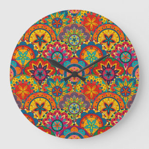 Funky Retro Colourful Mandala Pattern Large Clock
