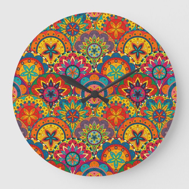 Funky Retro Colourful Mandala Pattern Large Clock (Front)