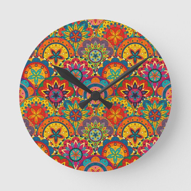 Funky Retro Colourful Mandala Pattern Round Clock (Front)