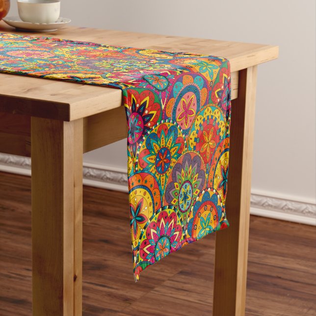 Funky Retro Colourful Mandala Pattern Short Table Runner (In Situ)
