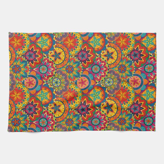 Funky Retro Colourful Mandala Pattern Tea Towel (Horizontal)