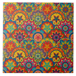 Funky Retro Colourful Mandala Pattern Tile