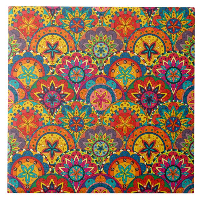 Funky Retro Colourful Mandala Pattern Tile (Front)