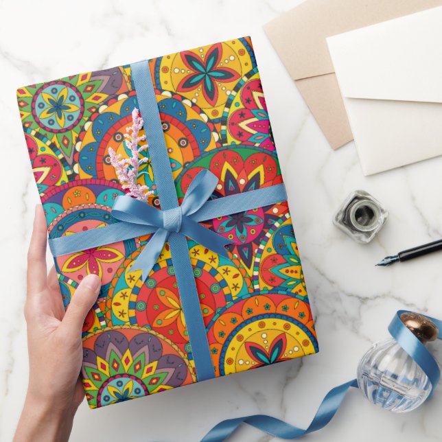 Funky Retro Colourful Mandala Pattern Wrapping Paper (Gifting)