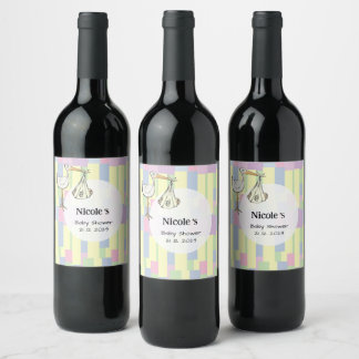Funky Retro Cubism Stork Delivery Baby Shower Wine Label