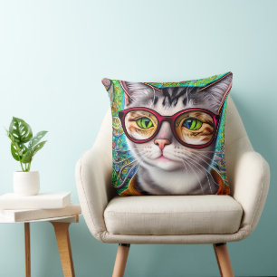 Funky Retro Cute Cat Wearing Glasses Artwork Cushion