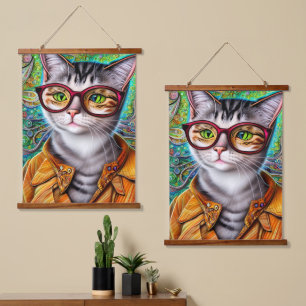 Funky Retro Cute Cat Wearing Glasses Artwork Hanging Tapestry
