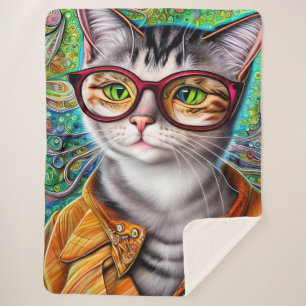 Funky Retro Cute Cat Wearing Glasses Artwork Sherpa Blanket
