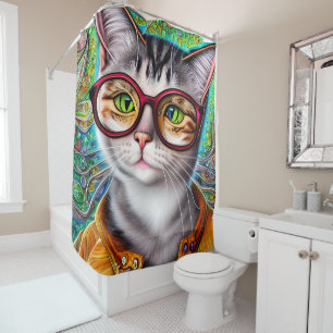 Funky Retro Cute Cat Wearing Glasses Artwork Shower Curtain