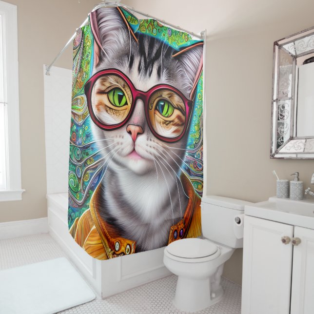 Funky Retro Cute Cat Wearing Glasses Artwork Shower Curtain (In Situ)
