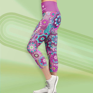 Funky Retro Floral Pattern with Name - purple blue Capri Leggings