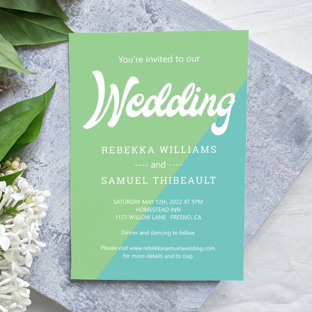 Funky Retro Green Blue Colour Block Wedding Invitation (Creator Uploaded)
