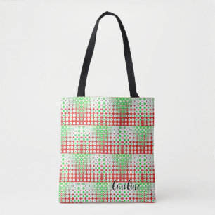 Funky Retro Green, Red, Pattern, Flowers, Tote Bag