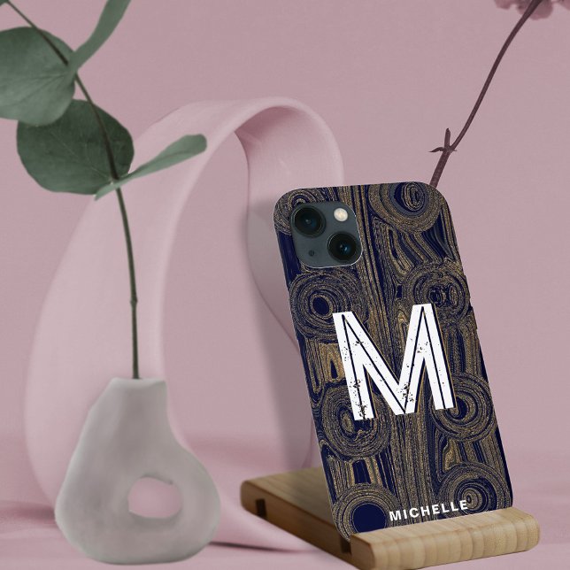 Funky Retro Groovy Navy Blue Gold Glitter Monogram Case-Mate iPhone Case (Creator Uploaded)