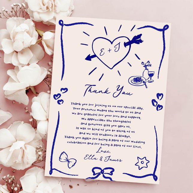 Funky Retro Hand Drawn Blue Wedding Thank You Card (Creator Uploaded)