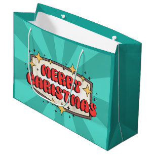 Funky retro merry christmas greeting text large gift bag
