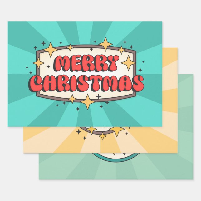 Funky retro merry christmas greeting text wrapping paper sheet (Set)