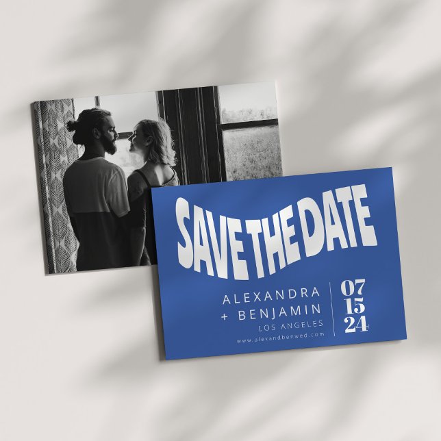 Funky Retro Mod Unique Photo Bright Blue Custom Save The Date (Creator Uploaded)