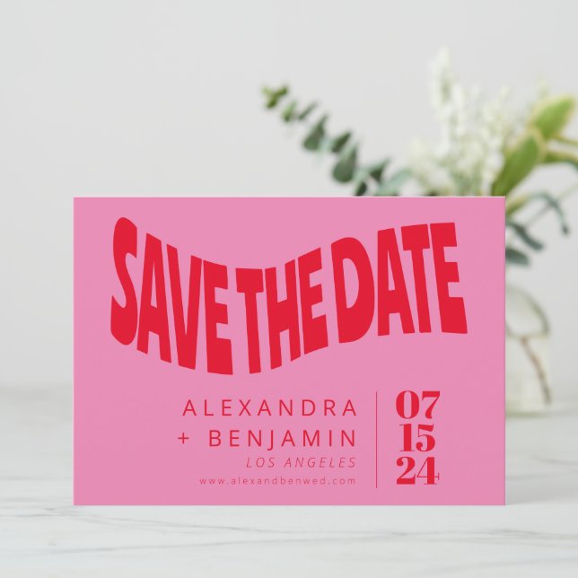 Funky Retro Mod Unique Pink and Red Photo Save The Date (Standing Front)