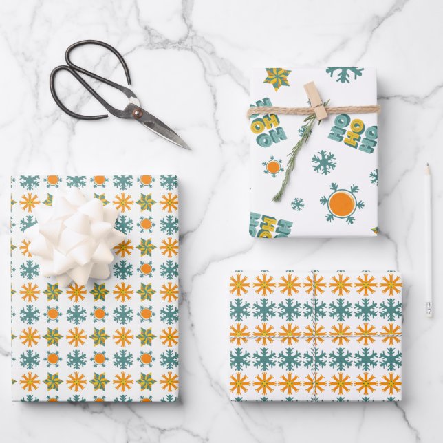 Funky Retro Nordic Teal Orange Snowflake Ho Ho Ho  Wrapping Paper Sheet (Front)
