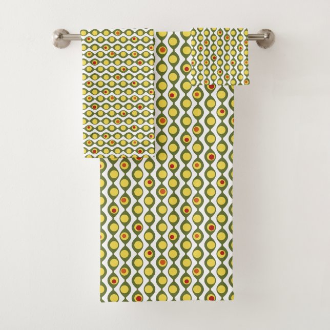 Funky Retro Olive Bead Custom Colours Pattern Bath Towel Set (Insitu)