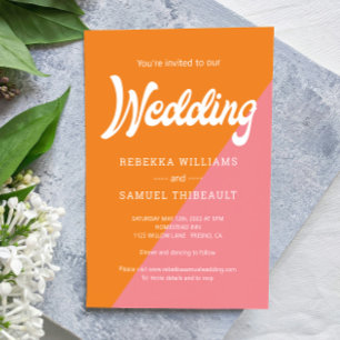 Funky Retro Orange Pink Colour Block Wedding Invitation
