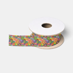 Funky Retro Pattern Abstract Bohemian Satin Ribbon
